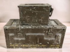 Two vintage ammunition crates, the larger 59 cm wide.