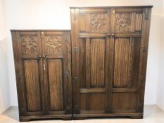 A 20th century panelled oak four piece bedroom suite comprising double door gentleman's and lady's