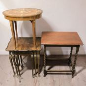 A nest of three mahogany tables, width 53 cm, and oak barley twist table and an Italian oval table.