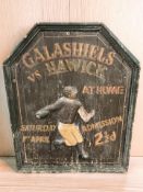A vintage painted wooden rugby advertising sign / plaque : Galashiels versus Hawick at home,