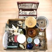 Assorted ceramics and glass wares, canteen of cutlery, pewter tankards, figures,