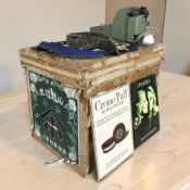 A pine crate, width 70 cm, together with a gnome projector, a Masonic satchel, reproduction signs,