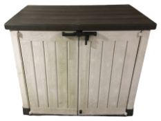 A Keter plastic garden storage box, 145 cm x 83 cm x 120 cm.