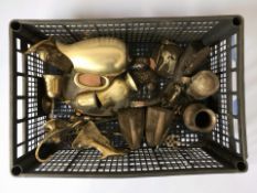 Assorted metal wares, brass vessels, figures, irons, etc.