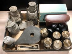 Two oil lamps, a set of bellows, set of six EPNS goblets,