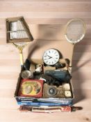 Miscellaneous items including vintage tennis rackets, garden sprayer, blow torch, Roll's razor,