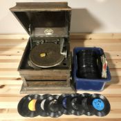 An oak cased Columbia graphonola and a box of 7