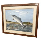 W N Bewick (Ginty) : A Leaping Salmon and Rowing Boat, oil on board, signed, 41 cm x 52 cm, framed.