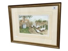 Chris Sparrow : Farmyard Scene with Geese, Hens and Milk Churns, watercolour with bodycolour,