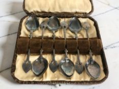 A set of six silver plated Arts and Crafts style teaspoons with heart shaped terminals by James