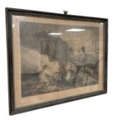 A 19th century monochrome engraving depicting figures with children on a hillside, 69 cm x 53 cm.