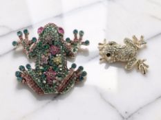Two frog brooches set with multi synthetic gem stones, largest length 6.