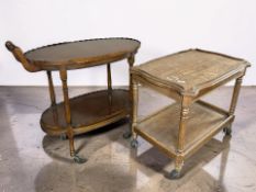 A walnut two tier trolley, length 82 cm, and an oak trolley.