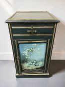 A Victorian pine pot cupboard, hand painted with birds amongst blossom, width 47 cm.
