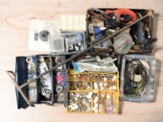 A quantity of power and hand tools, toolboxes containing various fittings, cables, etc.