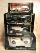 Three Bburago boxed scale classic cars including Chevrolet Corvette,