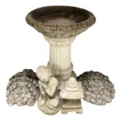 A concrete classical-style bird bath, height 53 cm, a four further ornaments.