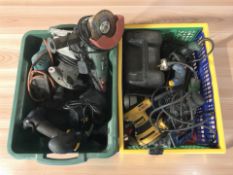 A group of power tools including Parkside, DeWalt, etc.