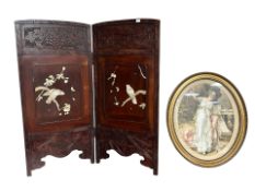 A Japanese Shibayama lacquer two fold screen, height 88 cm, together with a gilt framed print.