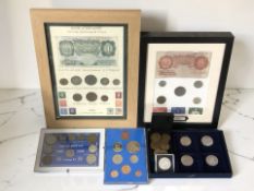 A group of pre-decimal coins and bank notes including two framed montages, further loose coins, etc.