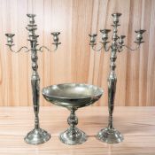 A pair of contemporary chrome plated five sconce candelabra, height 100 cm,