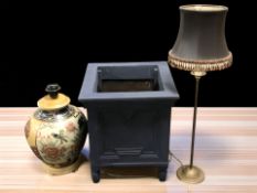 A painted wooden planter, height 40 cm, and two table lamps.