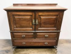 A late Victorian mahogany side cabinet fitted cupboards and drawers, 109 cm x 46 cm x 96 cm.