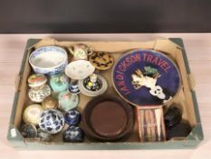 A cloisonne enamel dish depicting a panda, together with hardwood stands, miniature fans,