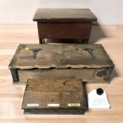 A 19th century oak ink well, two further boxes and a Blackwood & Co ceramic pen wiping brush.