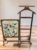A beech valet stand and an embroidered fire screen.