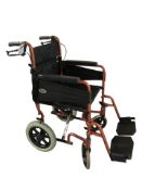 A folding wheelchair.