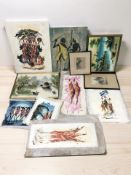 A group of pictures and prints, oriental oil on canvas depicting fishing boats,