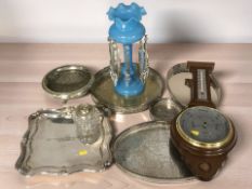 A blue glass table lustre with crystal droplets, contemporary barometer and EPNS wares.