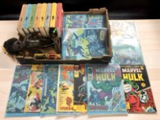 A group of children's books, Models of Yesterday die cast figures, Marvel Comics, dolls.