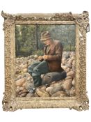 R Muir Glen : Changing the Fly, oil on board, signed, 60 cm x 50 cm, framed.