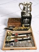 A group of contemporary wrist and pocket watches, collector's tokens, cufflinks, pewter tankard,