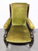 A Victorian mahogany salon armchair in olive draylon upholstery, width 70 cm.