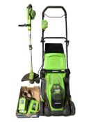 A Greenworks wireless electric lawnmower and a strimmer, with battery packs.