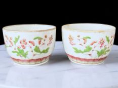 A pair of Chinese famille rose porcelain pots decorated with blossom above a lotus leaf border,