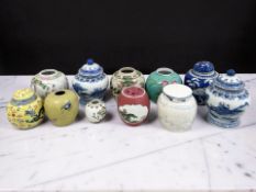 A collection of eleven Chinese porcelain and earthenware ginger jars, some with covers,