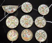 Nine items of 19th/20th century Cantonese famille rose export porcelain, largest plate 25.