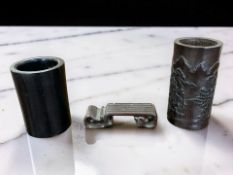 A Chinese carved and stained bamboo cylindrical brush pot, a further hardwood pot,