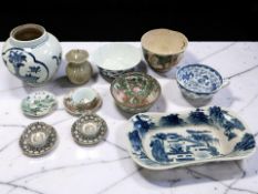 A group of Chinese ceramics including a blue and white porcelain bulbous jar, lacking cover,