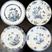Four Chinese blue and white porcelain plates, Qianlong, 18th century, the largest 23 cm diameter.