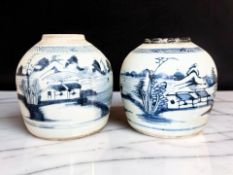 A near pair of 18th century Chinese provincial blue and white porcelain ginger jars, lacking covers,