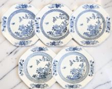 A set of five Chinese blue and white porcelain octagonal shallow bowls, Qianlong, 18th century,