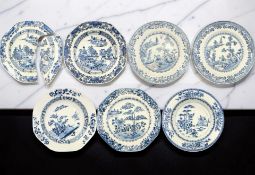 Seven various Chinese blue and white porcelain plates / shallow bowls, Qianlong, 18th century,
