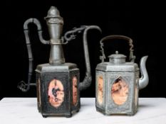 Two Chinese pewter and glass panelled teapots, Qing Dynasty, tallest 29 cm.