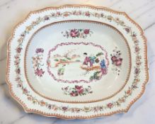 A Chinese famille rose shaped oval twin-handled tureen base painted with pendant floral cartouches,