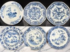 Six Chinese blue and white porcelain plates / shallow bowls, Qianlong, 18th century,